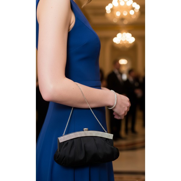 Evening Bag - Pleated Satin w/ Beads Accent - Black - BG-E70973BK